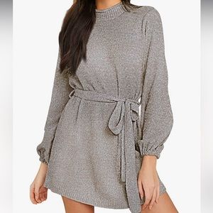 Mock Neck Sweater Dress With Lantern Sleeves and Belt